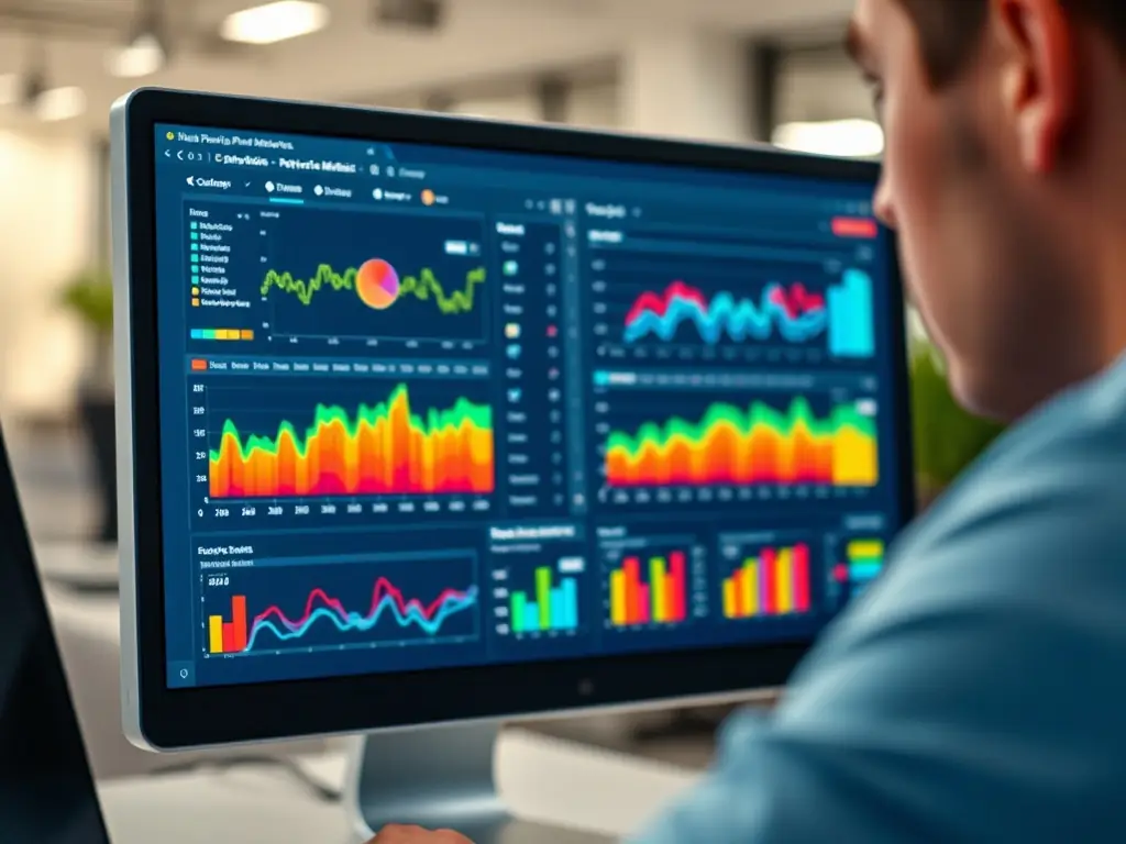 An SEO specialist analyzing website performance metrics on a computer screen in a modern office.