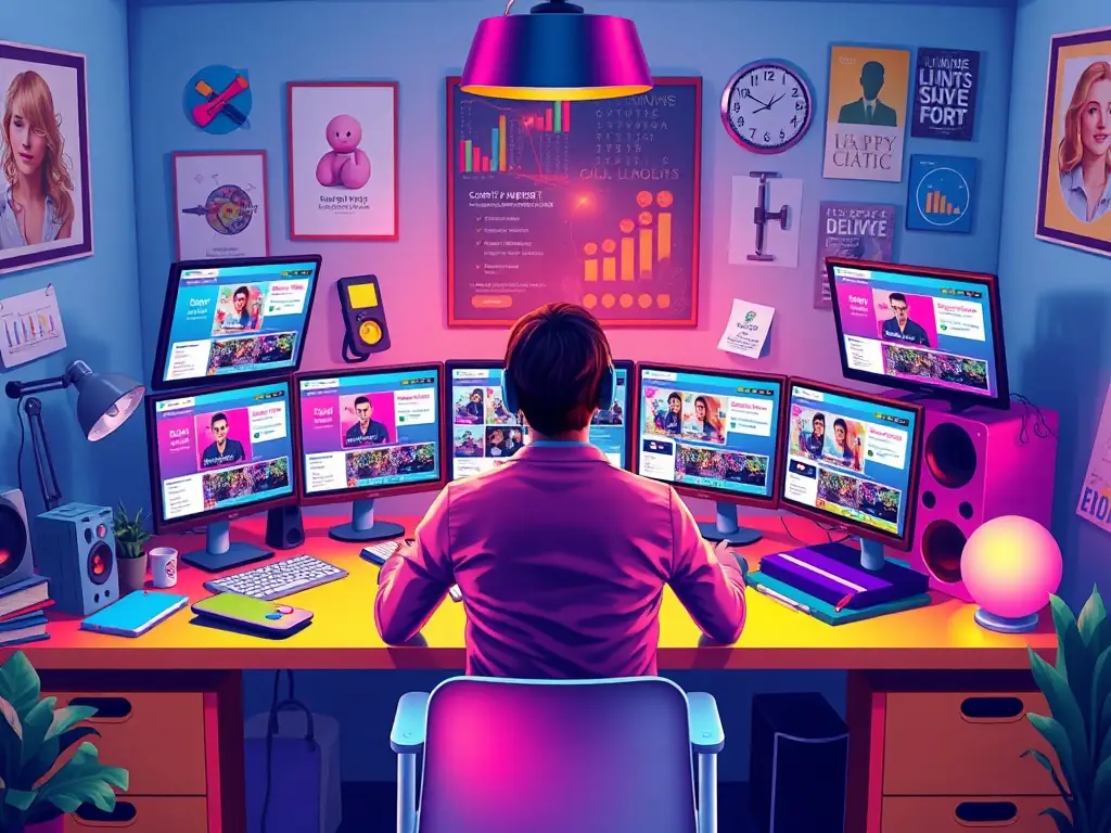 A social media manager creating engaging content in a colorful workspace.