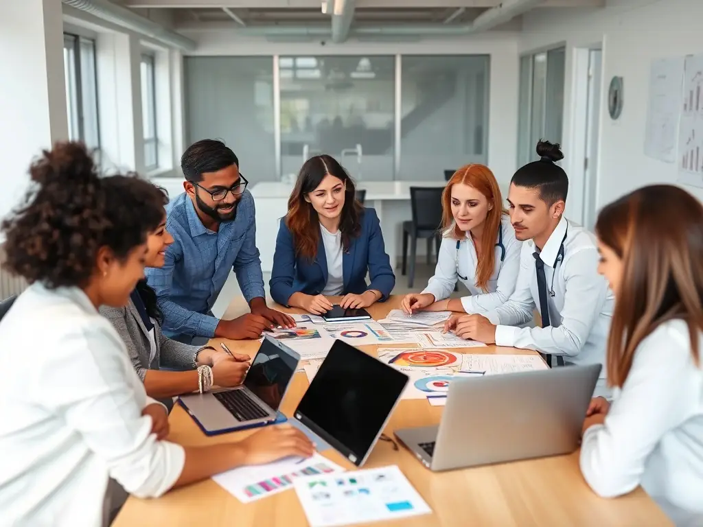 A team of marketing professionals collaborating on a digital strategy for a medical center.