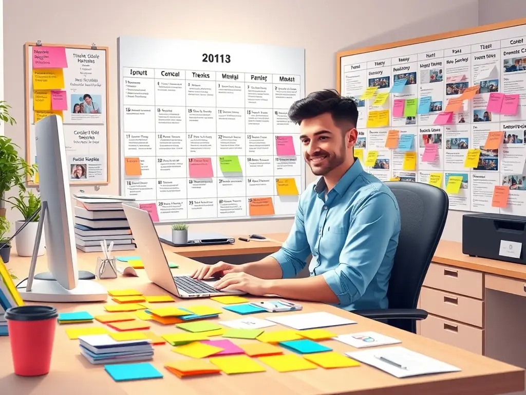 A social media manager planning a content calendar in a bright office.
