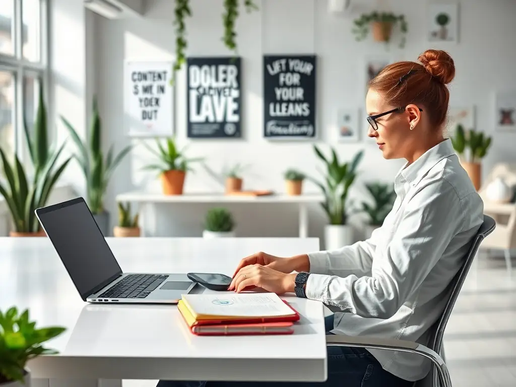 A content marketer writing targeted content in a bright office.