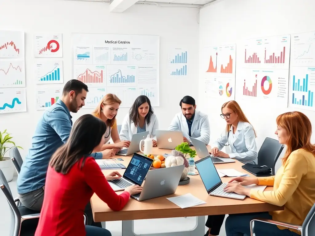 A team of marketing professionals analyzing data in a bright meeting room.