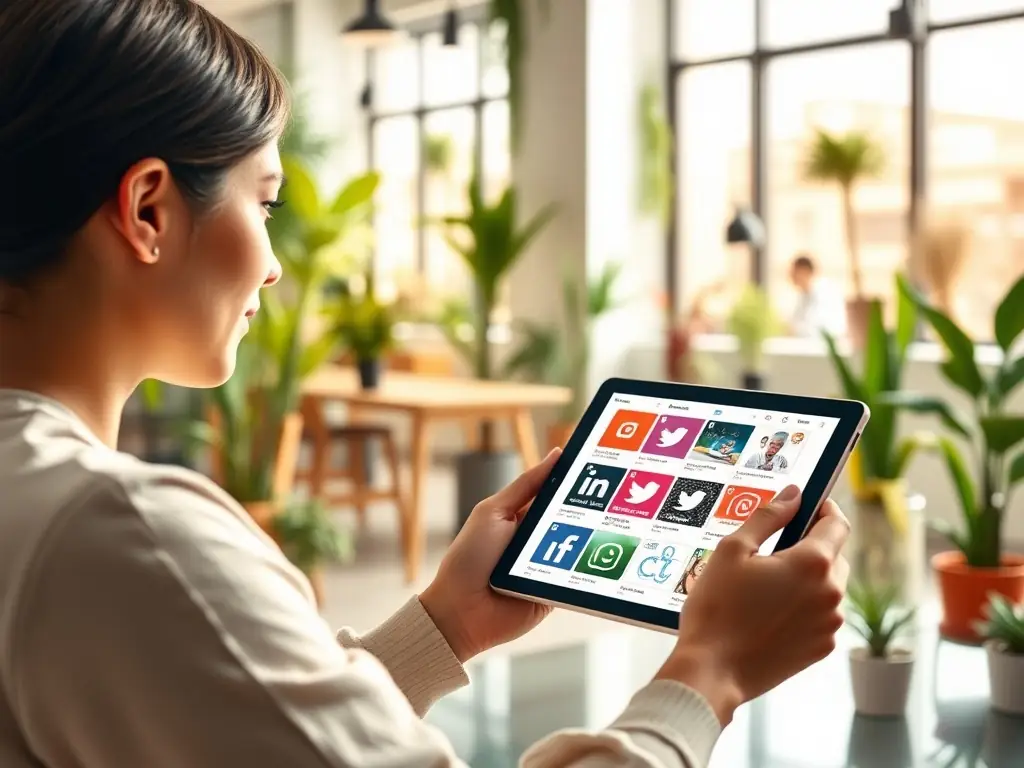 A social media manager scheduling posts for a medical center in a bright office.