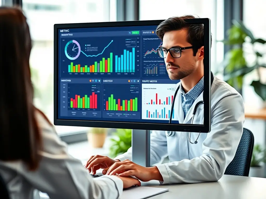 A healthcare professional analyzing SEO metrics on a computer screen in a modern office.