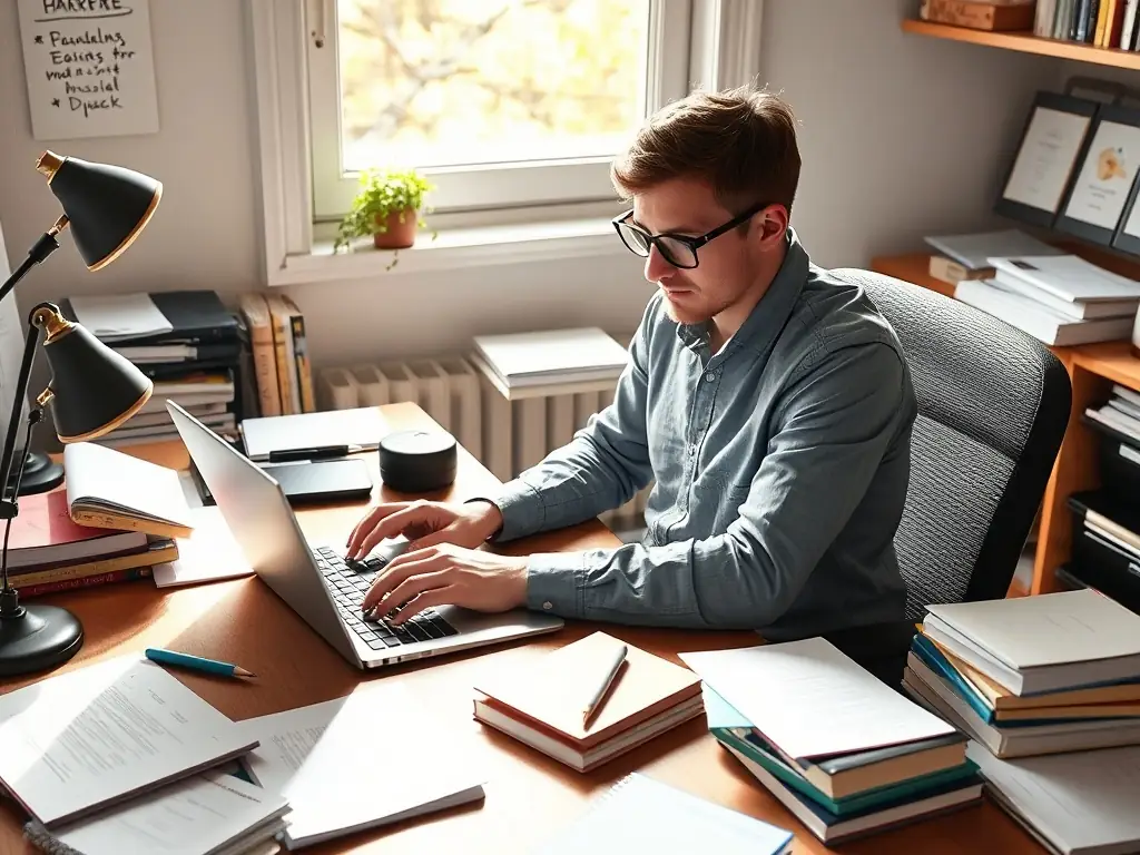 A content creator writing a blog post about healthcare topics on a laptop.